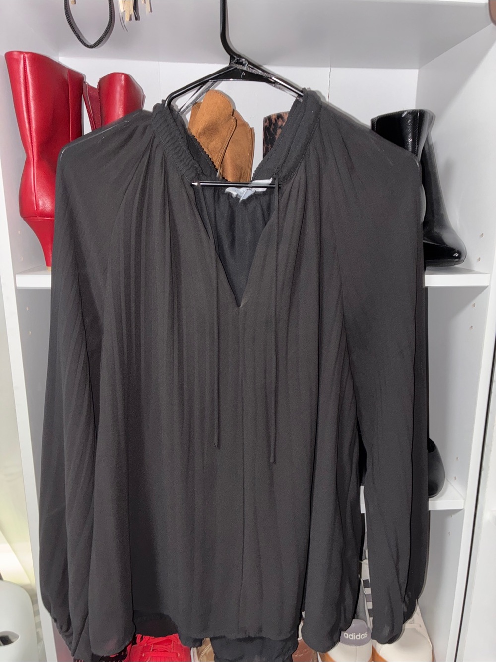 Women's Black Long-Sleeve Peasant Blouse - Classic Tie Neck